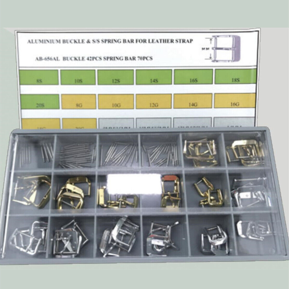 Set of 42 aluminum watch buckles and 70 stainless steel spring bars for leather straps, durable and sleek.