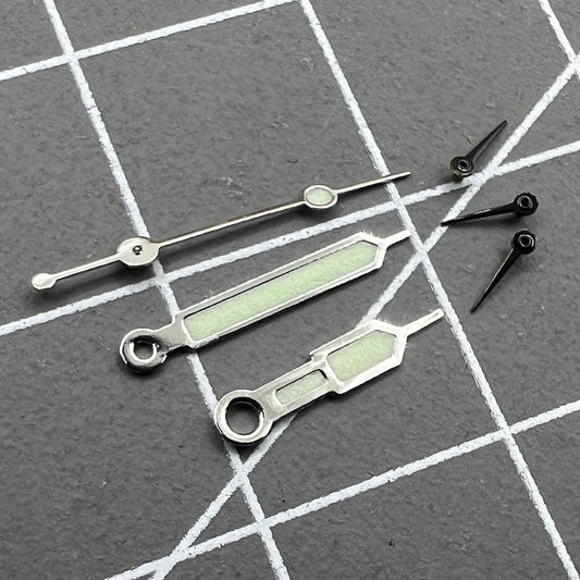 Green luminous watch hands with silver trim, crafted for Miyota 0S60 movement.