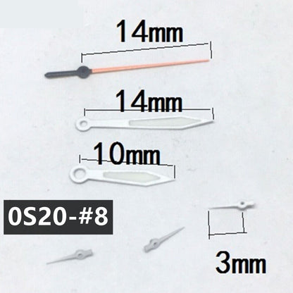 14mm green lume arrow watch hands for Miyota 0S20 quartz movement precision timepieces.