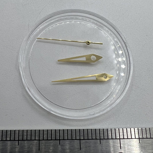 Arrow shape golden trim watch hands with lume, 14mm size, compatible with Miyota NH35/NH36/NH38 movements.