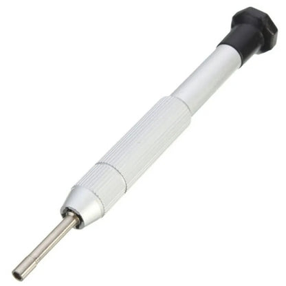 Precision screwdriver set for watch and eyeglass repair, includes hex tools and cutter heads with grip handle.