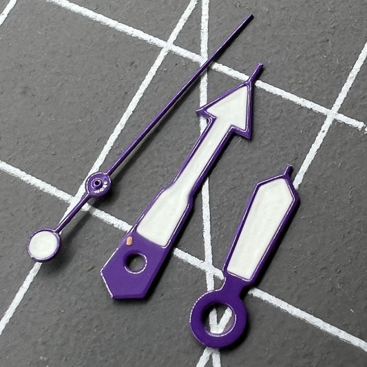 Hattori purple-trimmed white watch hands with green lume for NH35, NH36, 7S26 movements, precise fit.