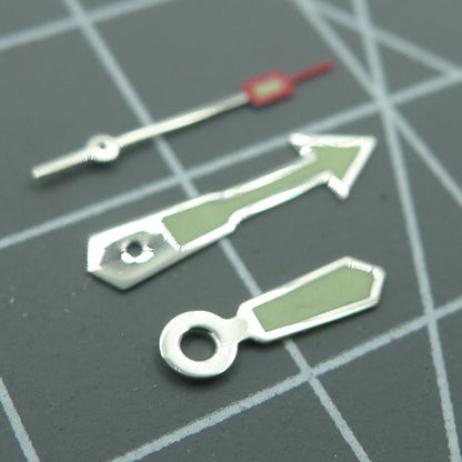 Silver-trimmed green lume arrow watch hand for Miyota 2035 movement, precise timekeeping accessory.