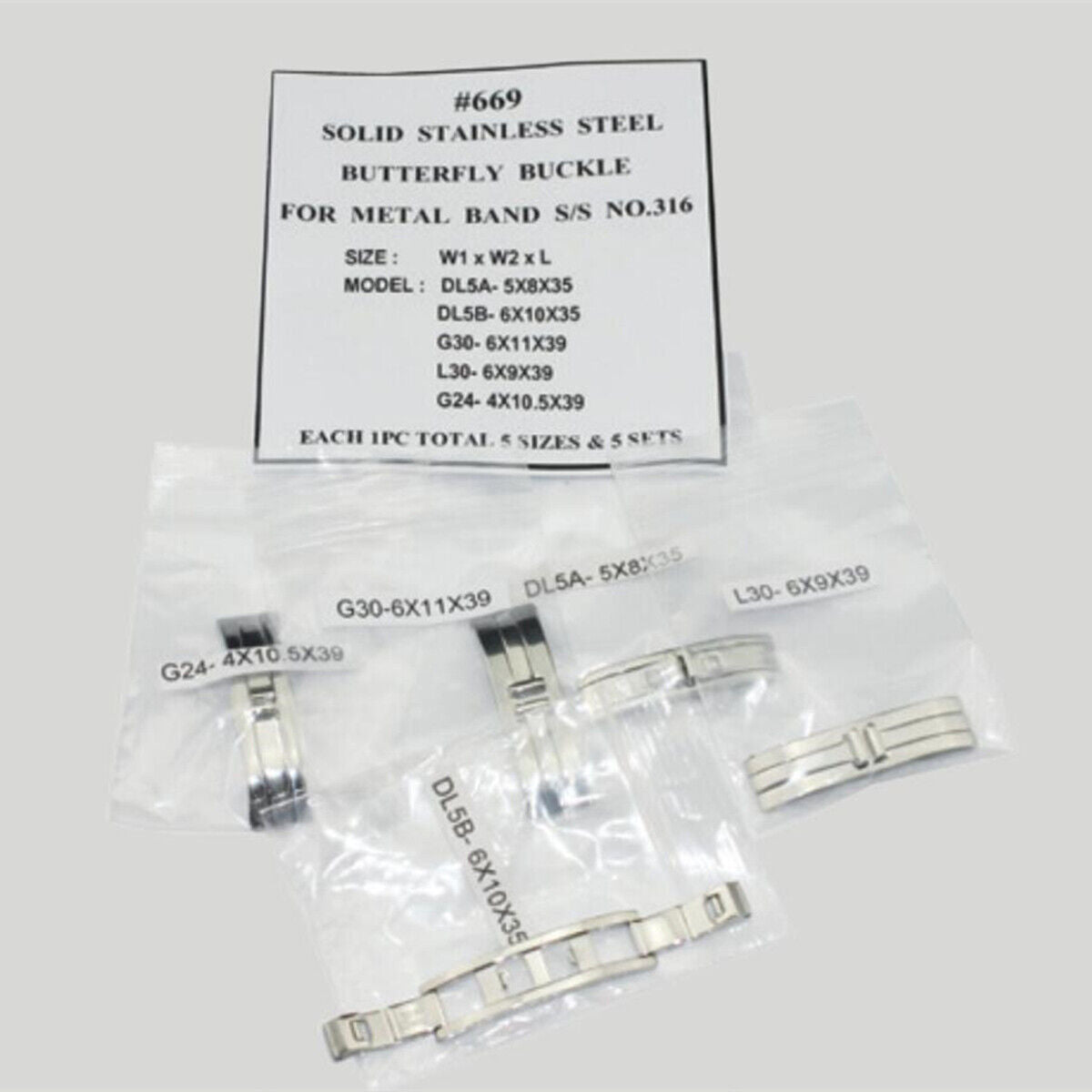 Set of 5 sizes stainless steel butterfly buckles for metal watch bands, durable and sleek clasp options.