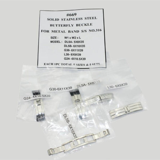 Set of 5 sizes stainless steel butterfly buckles for metal watch bands, durable and sleek clasp options.