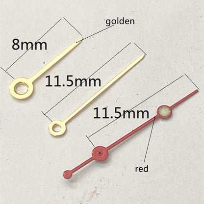 Golden and red lume watch hands set for Ronda 515 quartz movement, 11.5mm precision fit.
