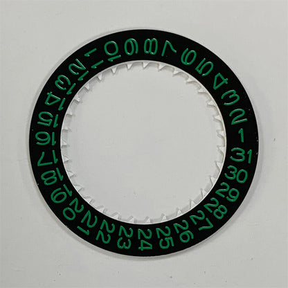 Green date wheel with character disk for NH35 NH36 watch movement on black background, compatible replacement part.
