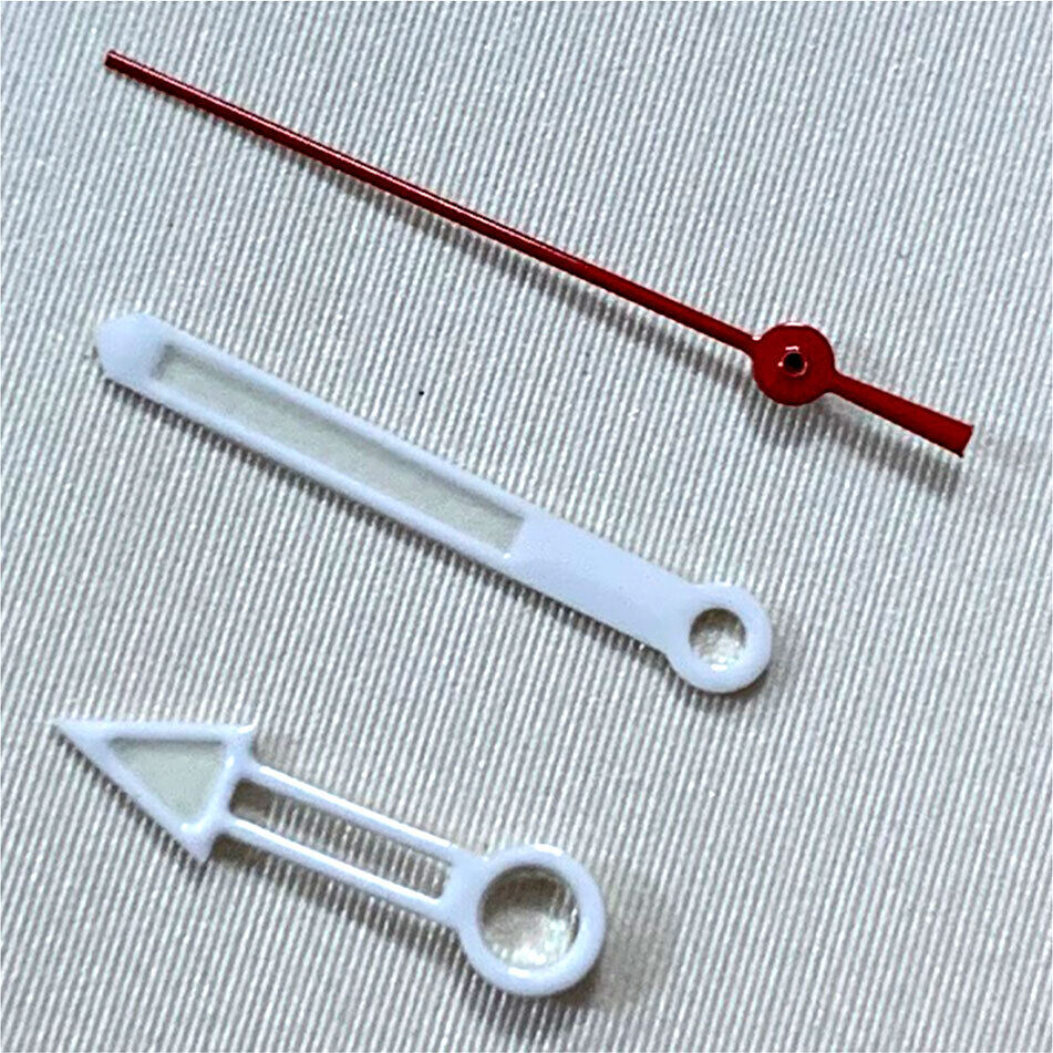 White and red hollow watch hands set for NH35/NH36 movement, precision design.
