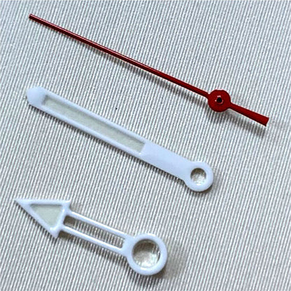 White and red hollow watch hands set for NH35/NH36 movement, precision design.