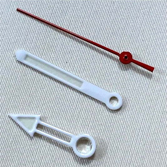 White and red hollow watch hands set for NH35/NH36 movement, precision design.