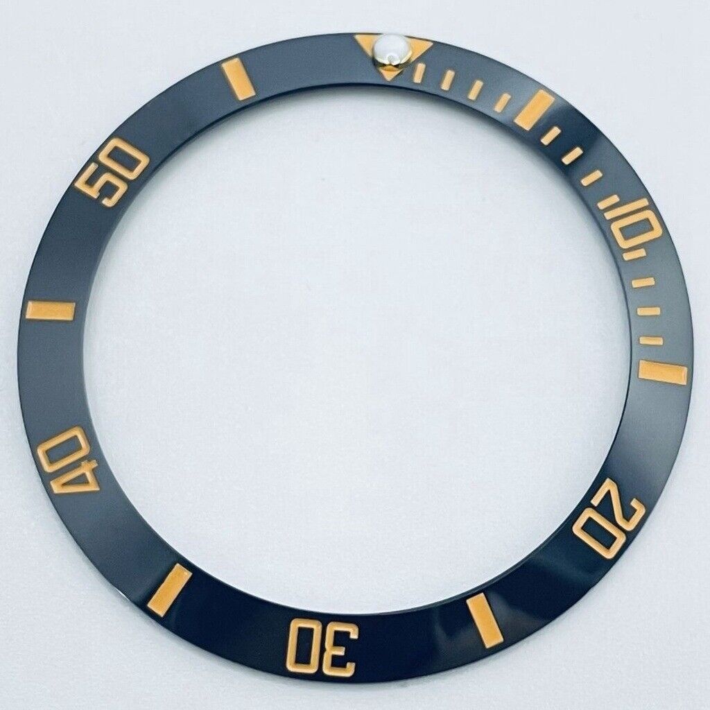 38mm black ceramic GMT bezel insert with yellow font, perfect for 40mm diving watch cases.