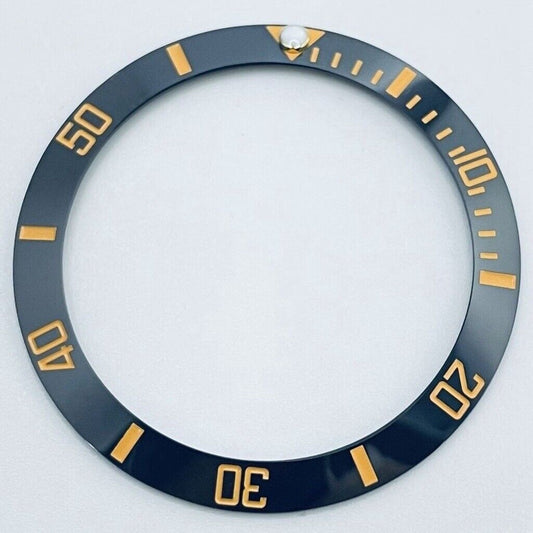 38mm black ceramic GMT bezel insert with yellow font, perfect for 40mm diving watch cases.