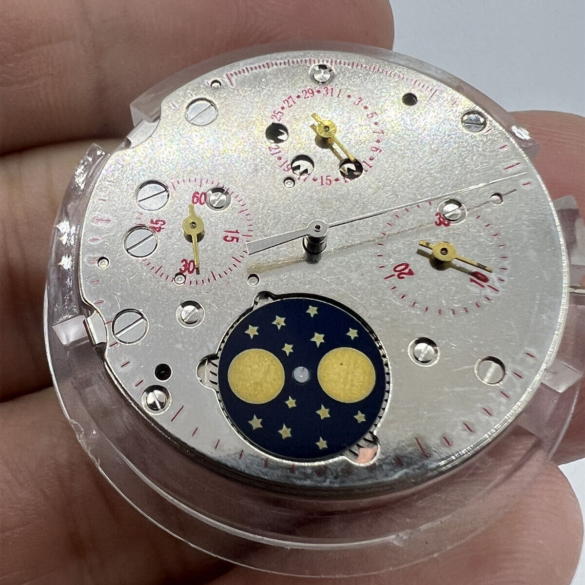 Tianjin Seagull ST1908 manual winding watch movement showcasing moon phase timing feature for precise watch repairs.