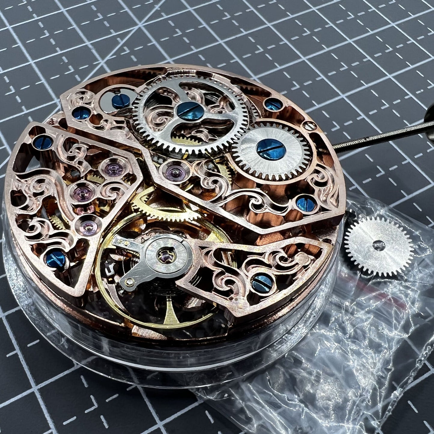 Seagull ST3600 6497 carved hollow manual watch movement displaying detailed mechanical craftsmanship.