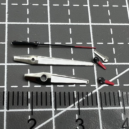 Red and white small second watch hands with silver trim for Miyota OS series, precision accessory.