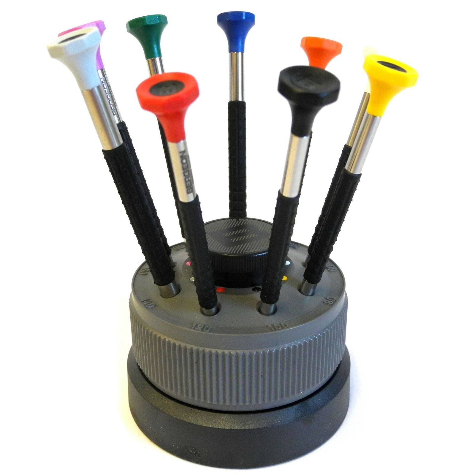 Bergeon 6899-S09 ergonomic 9-piece stainless steel screwdriver set for precise watch repair tasks.