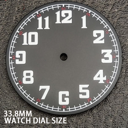 Green lume black pilot numeral watch dial, 33.8mm waterproof, compatible with NH35 movement.