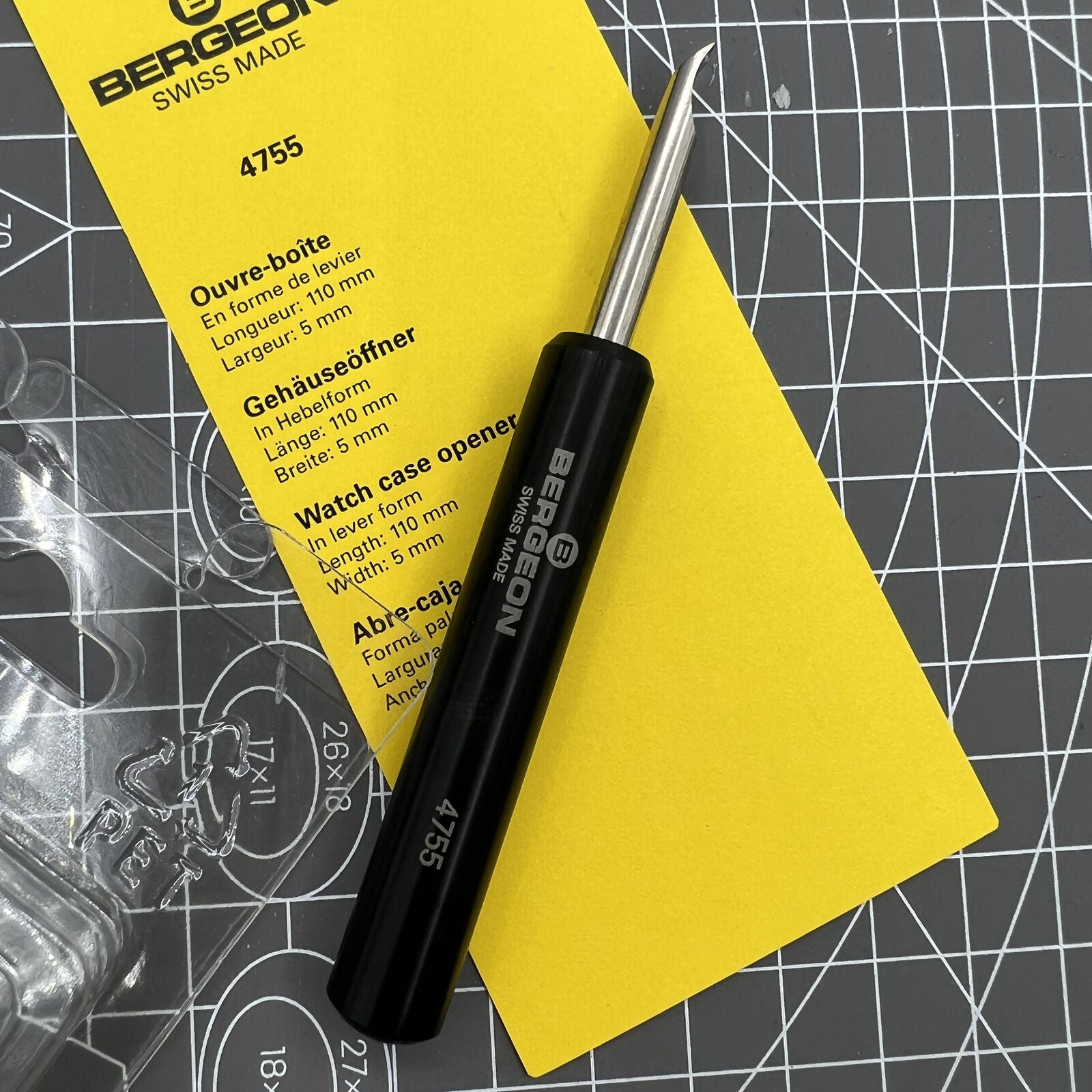 Swiss Bergeon 4755 pry-type watch opener tool for precise case back removal and professional watch repair.