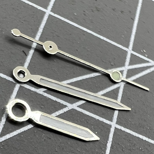 Silver 11.5mm watch hands with green lume for Ronda 515 quartz movements