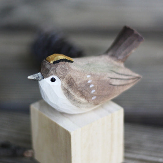Handmade grey bird wooden figurine, decorative collectible sculpture for home decor.