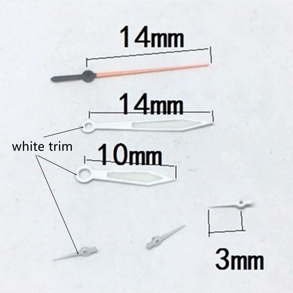 14mm white-trimmed green lume watch hands for Miyota OS10 OS20 OS60 OS80 movements, precise timing enhancement.