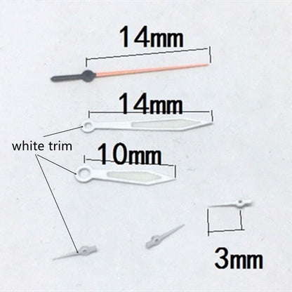14mm white-trimmed green lume watch hands for Miyota OS10 OS20 OS60 OS80 movements, precise timing enhancement.
