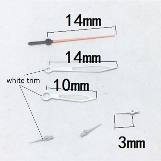 14mm white-trimmed green lume watch hands for Miyota OS10 OS20 OS60 OS80 movements, precise timing enhancement.