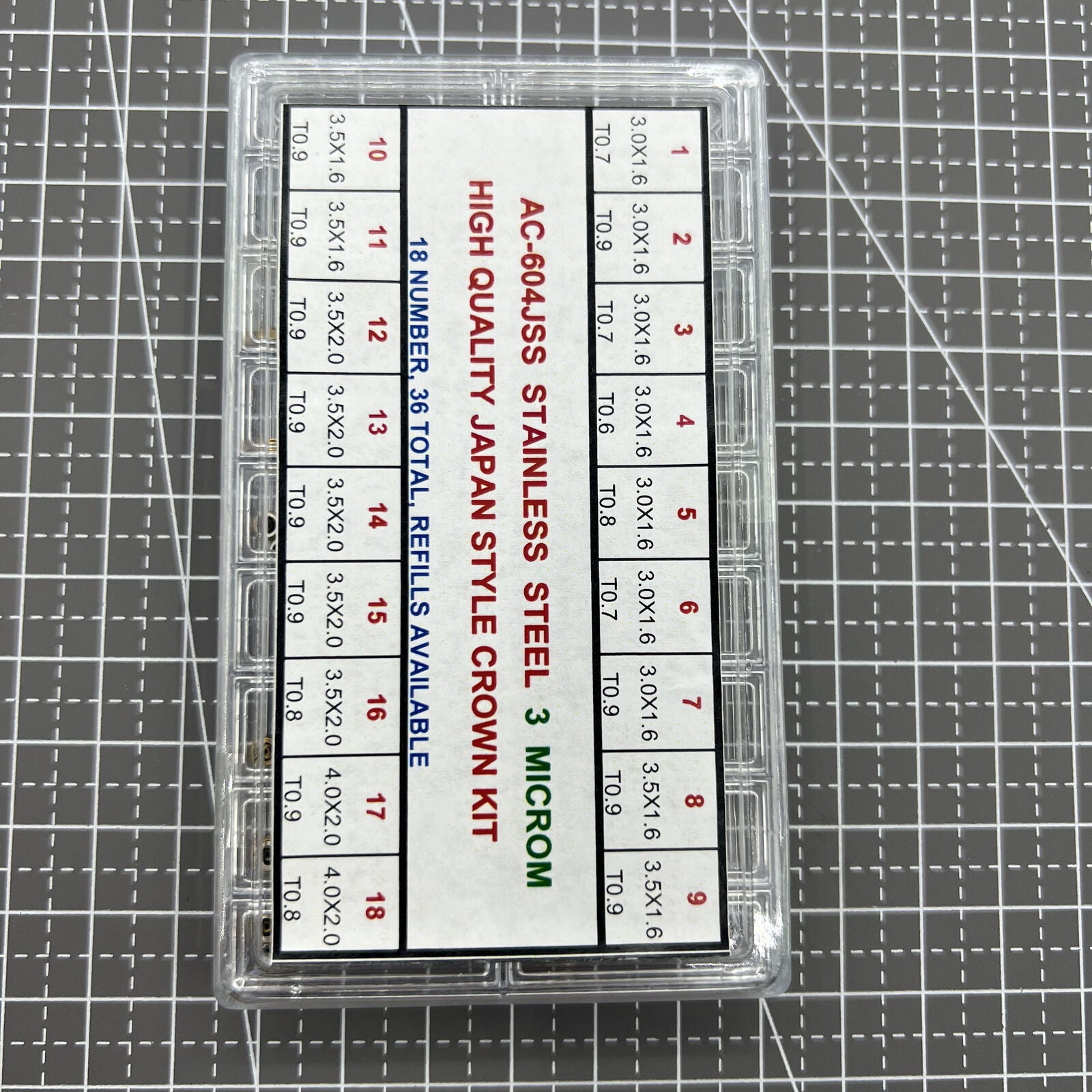 Stainless steel watch crown assortment kit with 36 high-quality Japan style pieces for watch repairs.