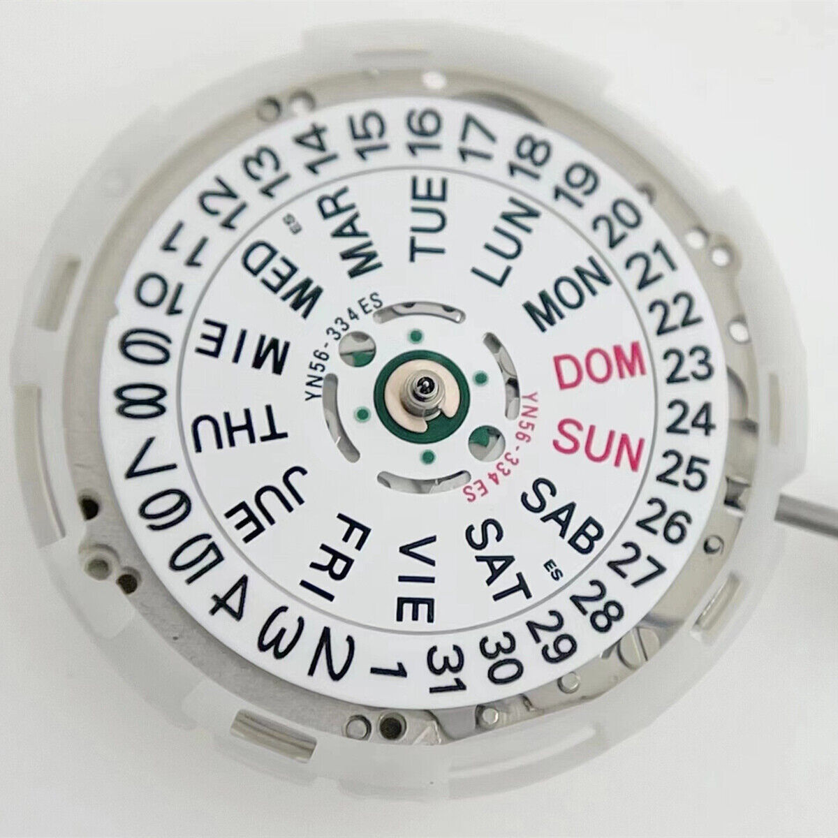 Epson YN56 mechanical watch movement showing date and day function, Japan brand quality.