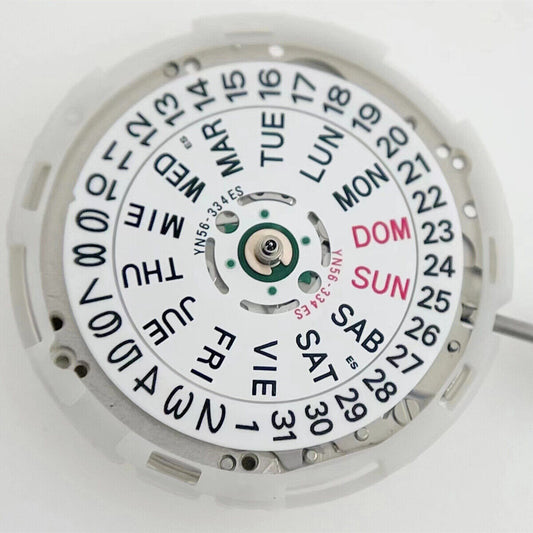 Epson YN56 mechanical watch movement showing date and day function, Japan brand quality.