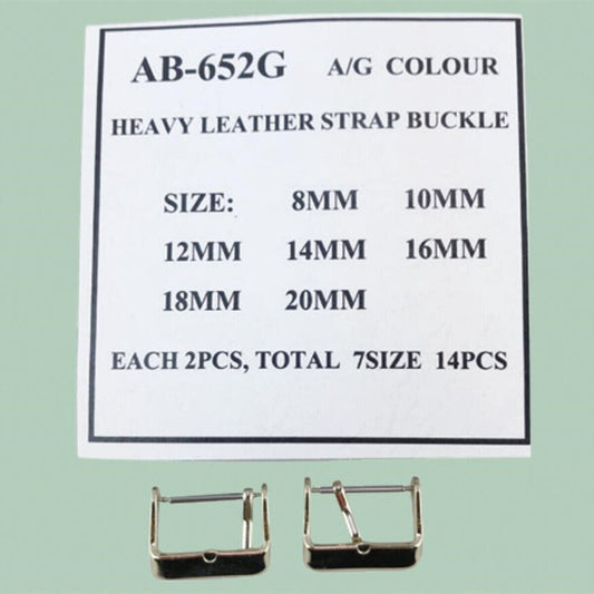Set of 14 silver heavy leather watch buckles, 7 sizes from 8-20mm, perfect for watch strap replacement.