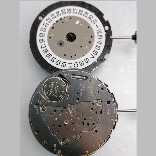 Miyota 6S11 quartz watch movement showing date at 3 o'clock, small second at 6, and 2 hands display.