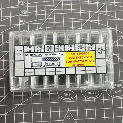 45-piece Swiss ETA watch stem extenders assortment, 9 sizes for precise watch repair.
