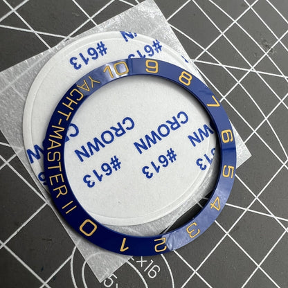 38mm blue ceramic bezel ring with golden font, designed for Yacht Master watch, premium accessory.