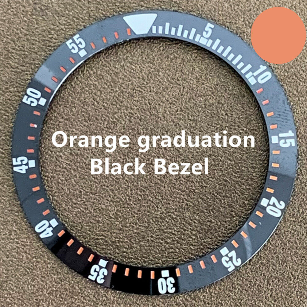 Black ceramic bezel insert with orange graduation, 38mm/30.5mm for watch repair and customization.