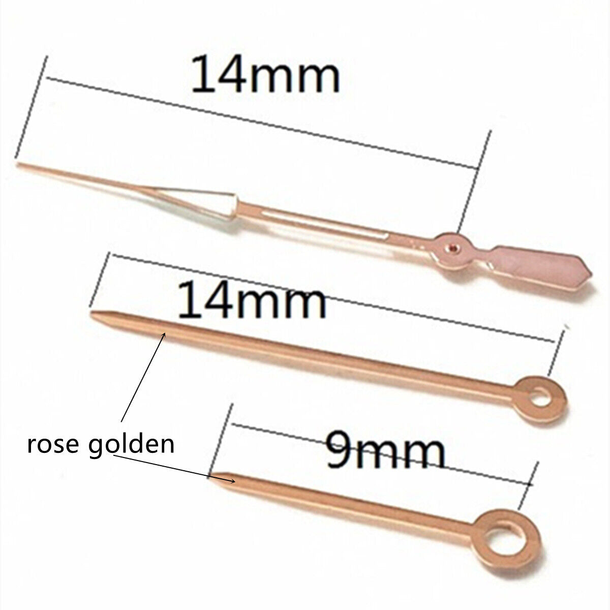 14mm rose gold trim watch hands with green lume, compatible with Ronda 515 quartz movement, stylish upgrade.