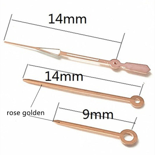 14mm rose gold trim watch hands with green lume, compatible with Ronda 515 quartz movement, stylish upgrade.