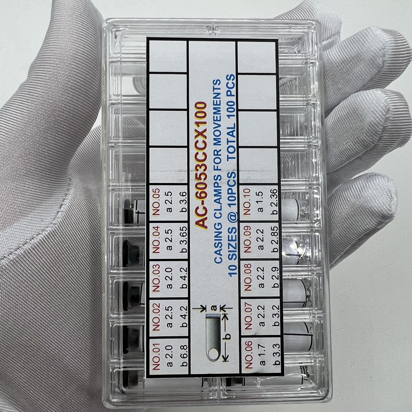 Set of 100 casing clamps for watch movements, 10 sizes, durable and precise.