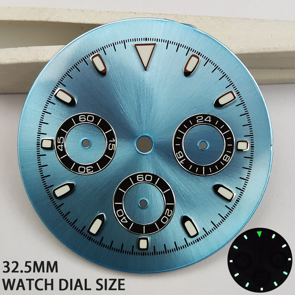 Green luminous matted blue watch dial for VK63 quartz movement, ideal for watch repair.
