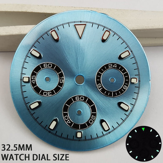 Green luminous matted blue watch dial for VK63 quartz movement, ideal for watch repair.