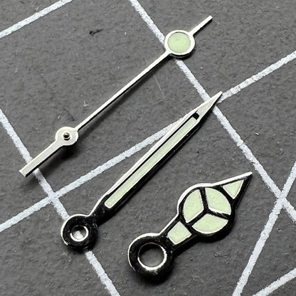 Silver-trimmed green luminous watch hands set for Miyota 2035, precise timing.