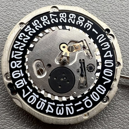 Seiko 5J32A quartz watch movement with black disk and single calendar display for accurate timekeeping