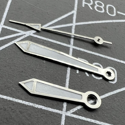 Green luminescent 13mm silver-trimmed watch hands compatible with Miyota 2315, 2035, 2036 models.