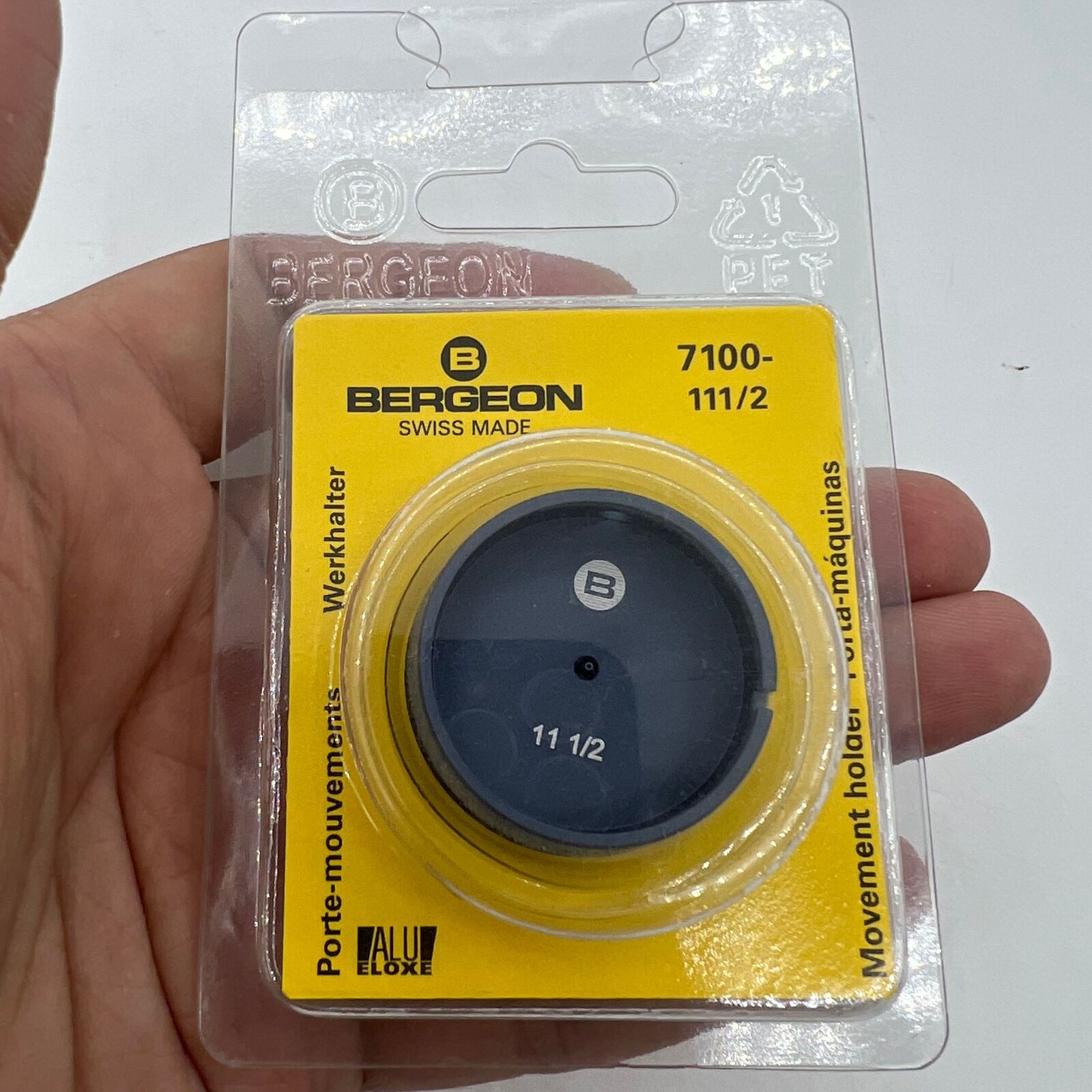 Bergeon 7100-11 1/2 watch movement holder securely grips watch parts for precise repairs.
