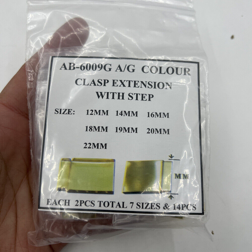 Set of 14 gold watch strap extenders with bracelet clasps for comfortable sizing adjustments.