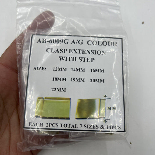 Set of 14 gold watch strap extenders with bracelet clasps for comfortable sizing adjustments.