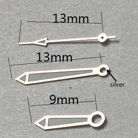 Silver-trimmed watch hands with green lume, 13mm, compatible with Miyota 2315 2035 2036 2115 2305 movements.