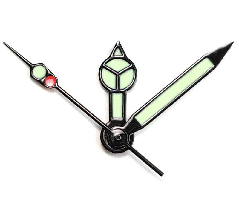 Green luminous watch hands set with pins for SKX007/009 NH35 movement, enhancing dial visibility.