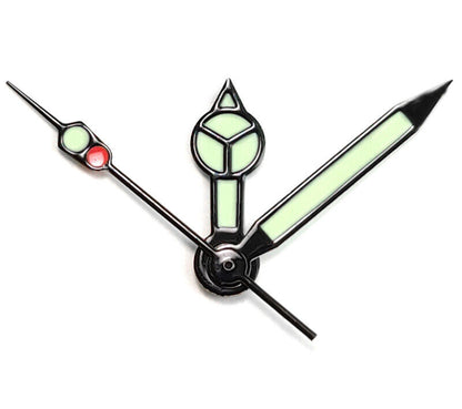 Green luminous watch hands set with pins for SKX007/009 NH35 movement, enhancing dial visibility.
