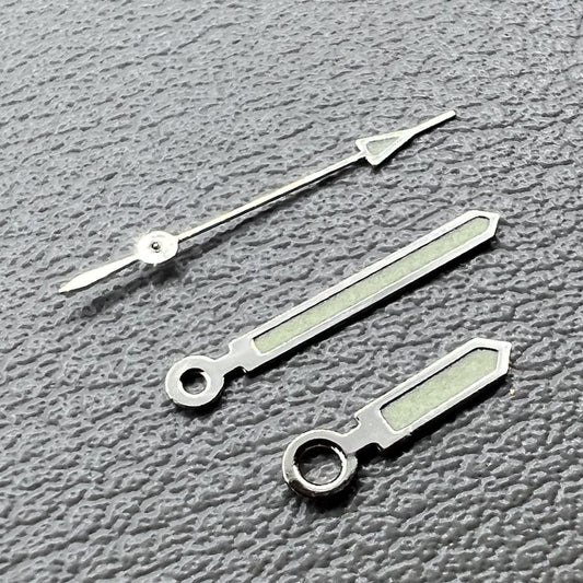 Set of 2 silver-trimmed 15mm green lume watch hands for Miyota 2035, 2115, 2105, 2305 movements.